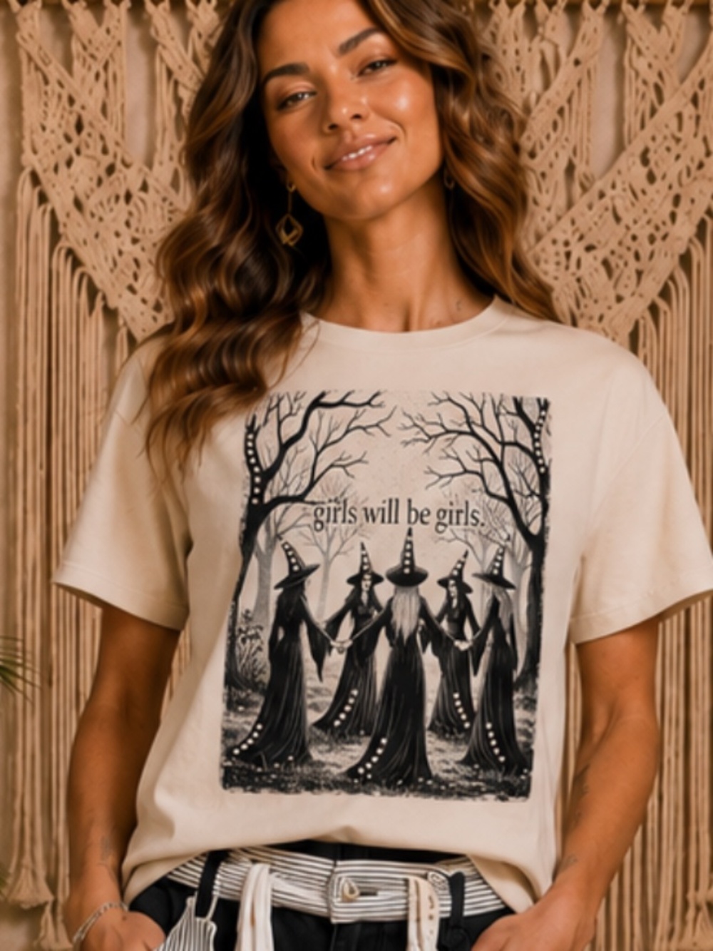 Boho GIAJEAN “ GIRLS WILL BE GIRLS “ BOHO Graphic Tee with RHINESTONE DETAIL 87